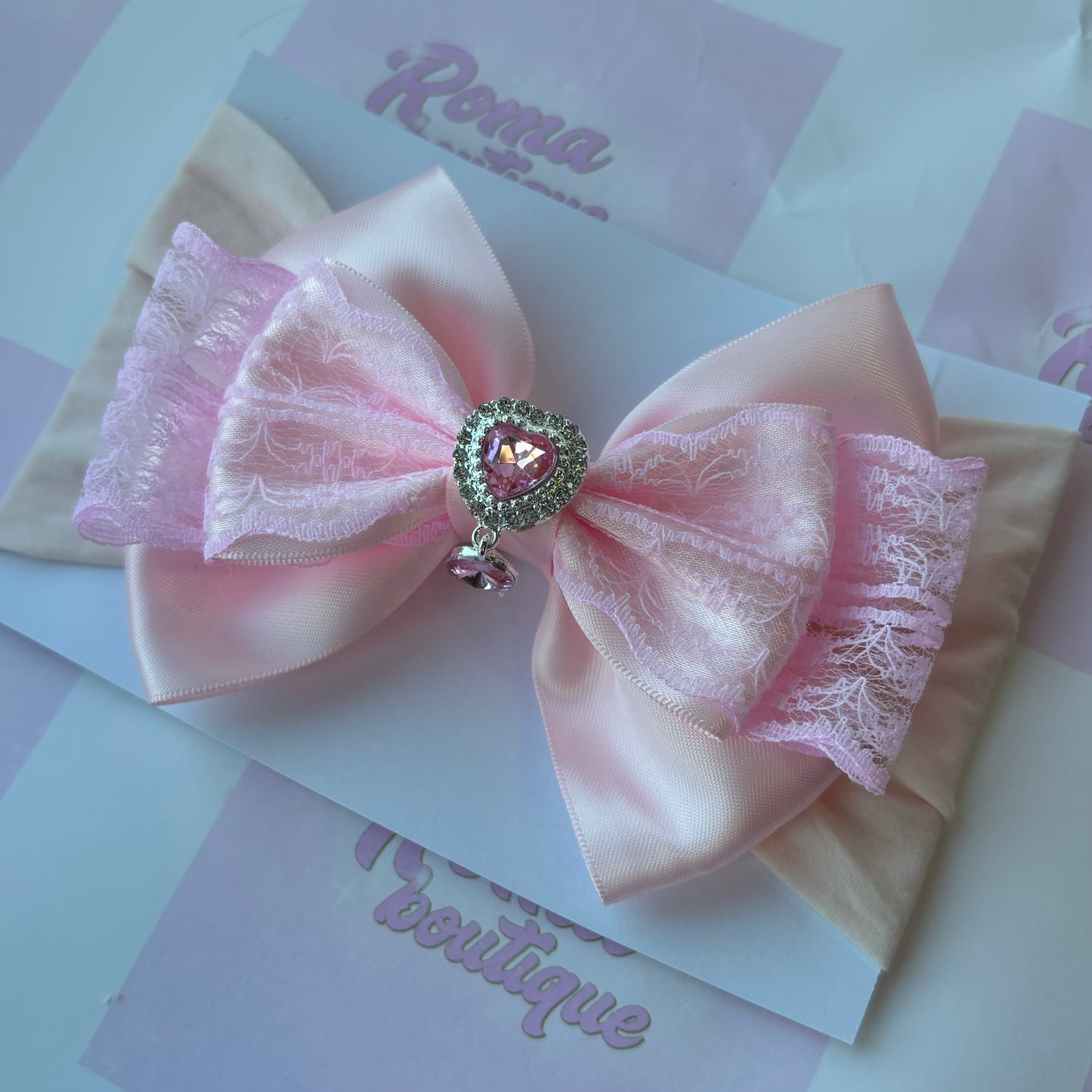 Pink Lace Heart Bow